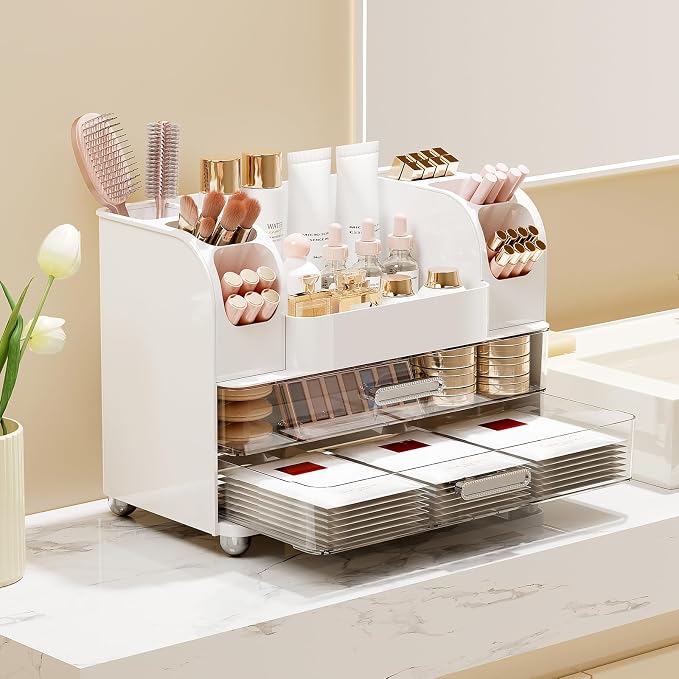 UFORU Makeup Organizer Countertop with 2 Large Drawers for Vanity Bathroom | Brush Holder, Large Capacity, Thickened Plastic, Compact Footprint, Space-Saving Design, Easy Clean, Ideal for Dorm Rooms