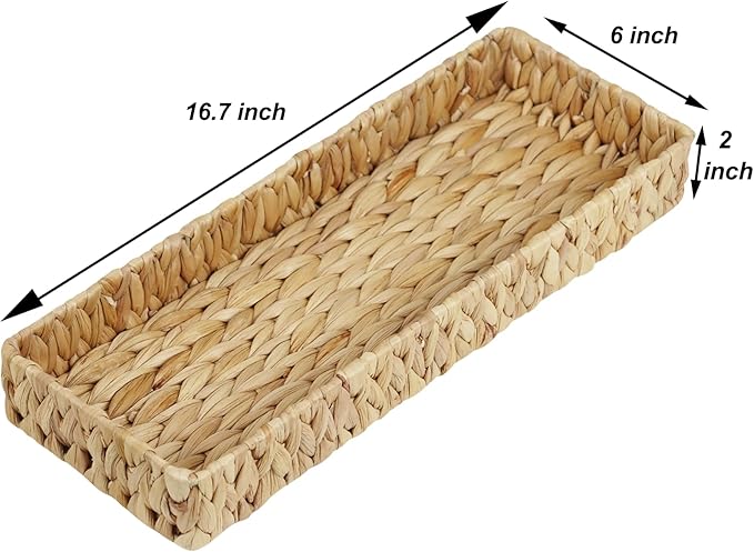 Water Hyacinth Bathroom Vanity Tray, 16.7 Inch | Long Toilet Tank Basket, Hand Towel Organizer, Bathroom Counter Storage, Coffee Table Tray, Woven Decor