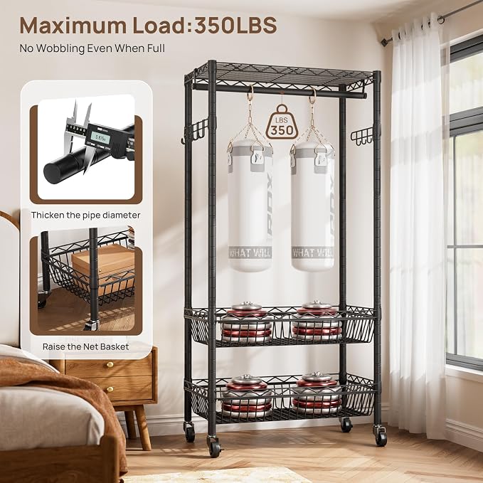 Golpart Heavy Duty Rolling Clothes Rack Wheels Portable Metal Garment Rack | Wardrobe Adjustable Wire Shelving Metal Double Clothing Racks for Hanging Clothes Organizer Closet Laundry Room Organization