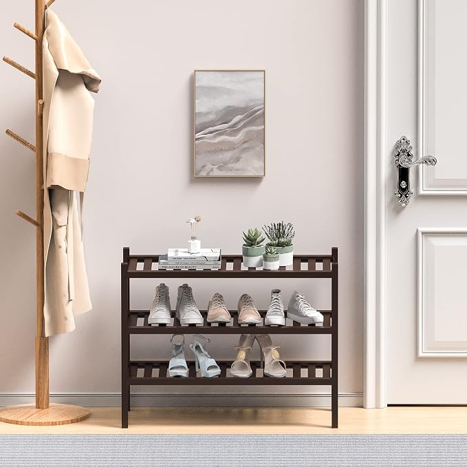 ROMGUAR CRAFT 3 Tier (Thick) Bamboo Shoe Rack for Closet Free Standing Wood Shoe Shelf for Entryway Small Space Stackable 27"x12"x21" (Black Brown)