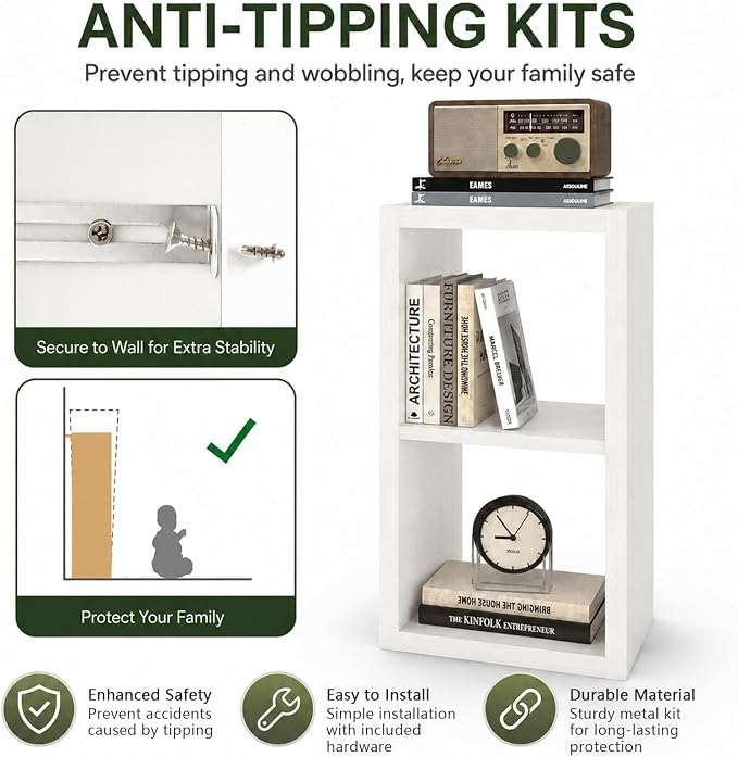 CTESNE【Wooden】 2 Cube Storage Organizer Shelf with Anti-Tipping Kits, Horizontal and Vertical Dual-use Standing Open Bookshelf（White）