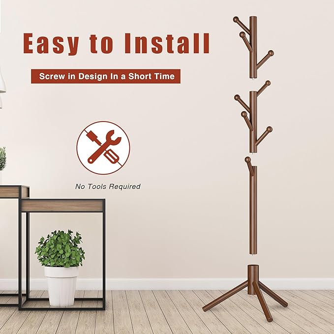 8-Hook Freestanding Coat Rack 3 Heights Safe Round Tips Brown | Smooth Round Tips Prevent Slipping,Tool-Free Assembly,Holds Clothes Hats Handbags,Ideal for Entryway Bedroom Hallway Office