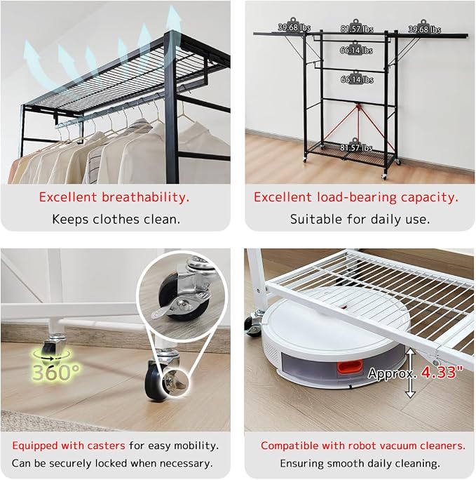 lumizone Folding Clothing Rack with Wheels Expandable White | Adjustable Garment Rack Portable Clothes Rack for Hanging Clothes Closet Shelves Durable Closet Racks for Hanging Clothes
