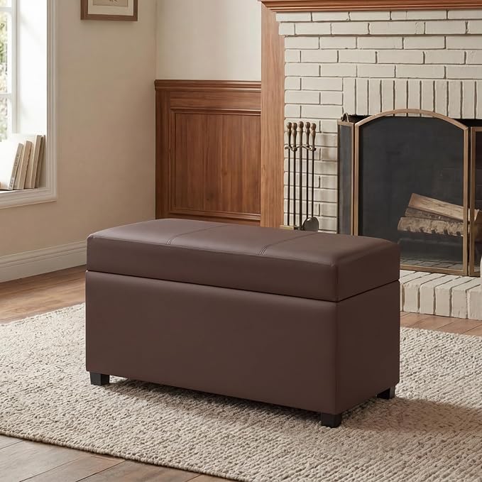 32" Leather Storage Ottoman Bench, Rectangle Foot Rest Stool for Living Room, Bedroom, Entryway, Brown