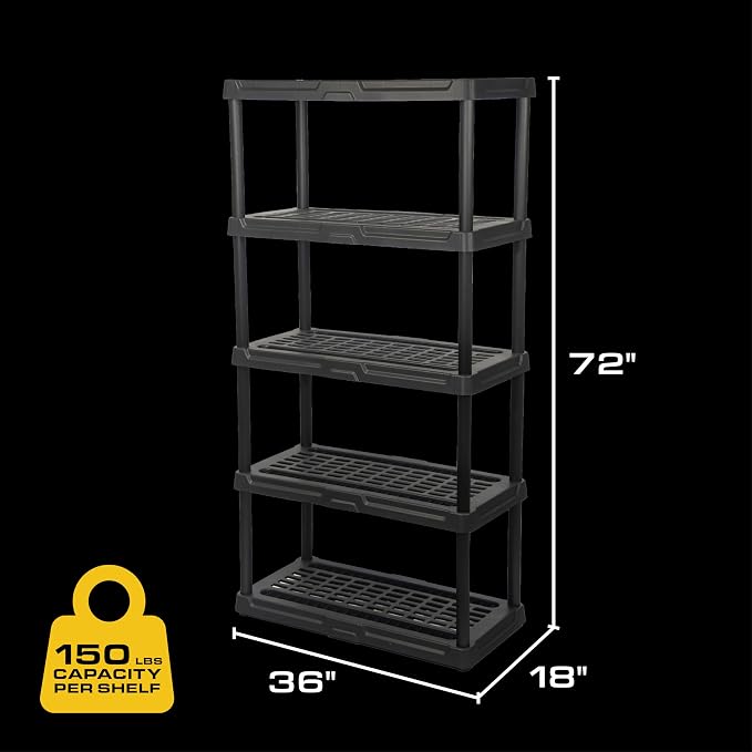 CENTREX 5-Tier Heavy Duty Plastic Storage Shelves for Garage, 2 Pack | Utility racks for garage, pantry, or closet organization, Easy assembly, 5 tier at 150lb/shelf, 72"H x 36"W x 18"D