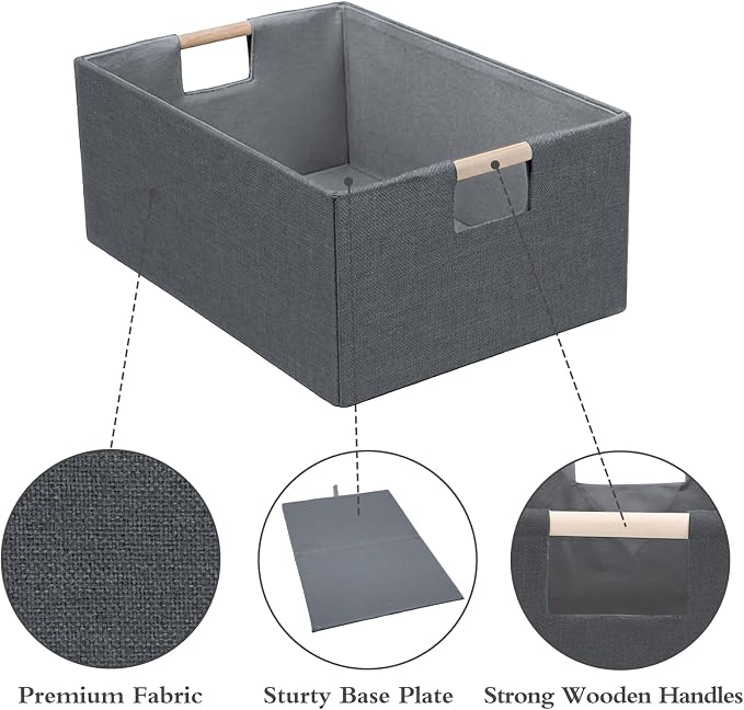 Foldable Fabric Storage Cubes, 2 Packs Cloth Storage Baskets with Wooden Handles, Collapsible Shelf Closet Organizer Bins, Rectangular Storage Boxes for Decor (Gray 2 Pack)