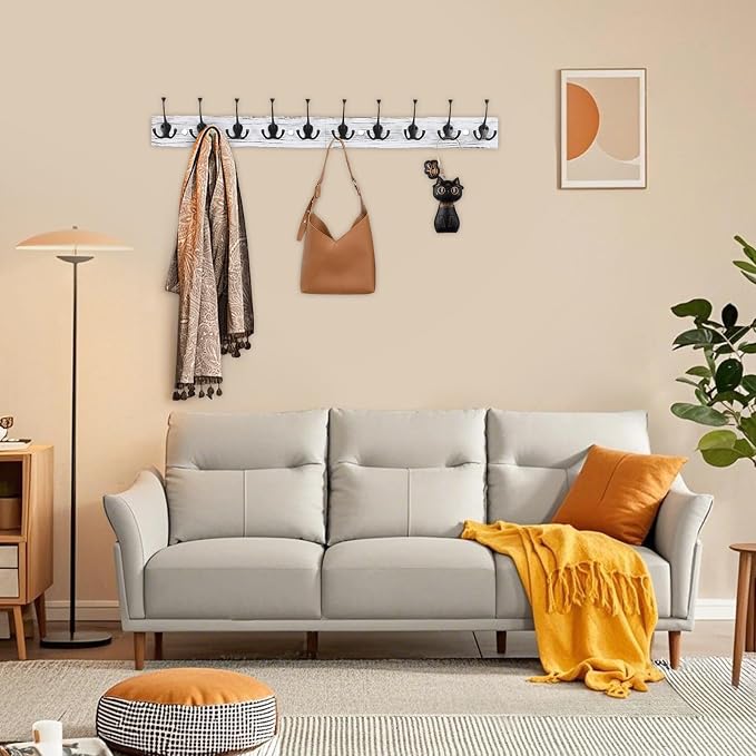 IBosins Vintage White Wall Mounted Coat Rack, 34" Long with 10 Tri-Hooks | Heavy Duty, Wooden Coat Hanger Wall Mount, Rustic Coat Hooks Rail for Entryway, Living Room, Coat, Scarf, Bag, Towel, Hat