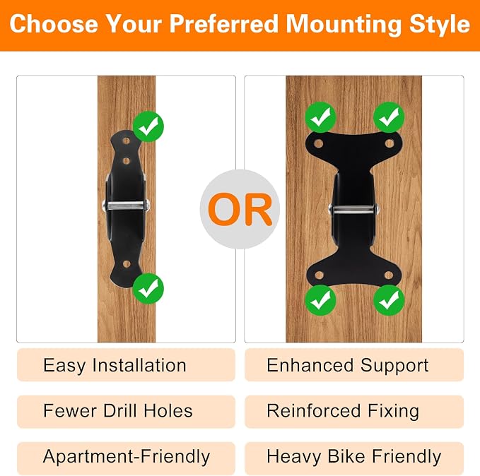 Cyfie 2-Pack Adjustable Horizontal Bike Wall Mount Rack for Garage Storage | Adjustable 2-pack wall mounts hold mountain, road and hybrid bikes horizontally, with wheel straps for stable indoor storage.