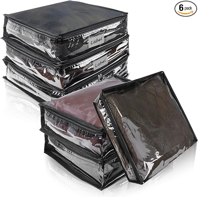 Clear Zippered Plastic Clothes Storage Bags, 6 Pack, Black | Clear Storage Bags with Zipper Plastic Storage Bags for Clothes Sweaters Blankets Sheets, Size: 10.5 x 10.5 x 2.5 Inch