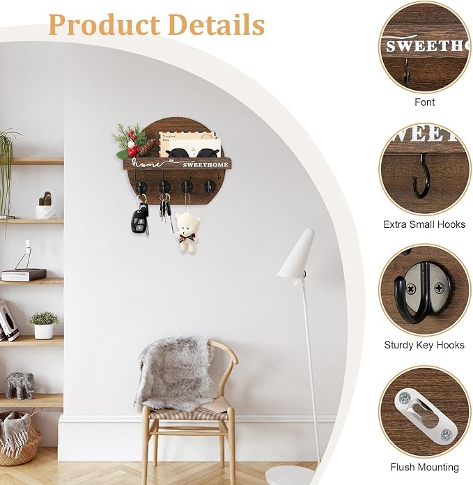 Key Holder for Wall, Key and Mail Holder Organizer - Key Holder Wall Mount with Bouquet Shelf and Key Hooks, Round Wooden Rustic Key Rack for Entryway and Home Decor (Brown)