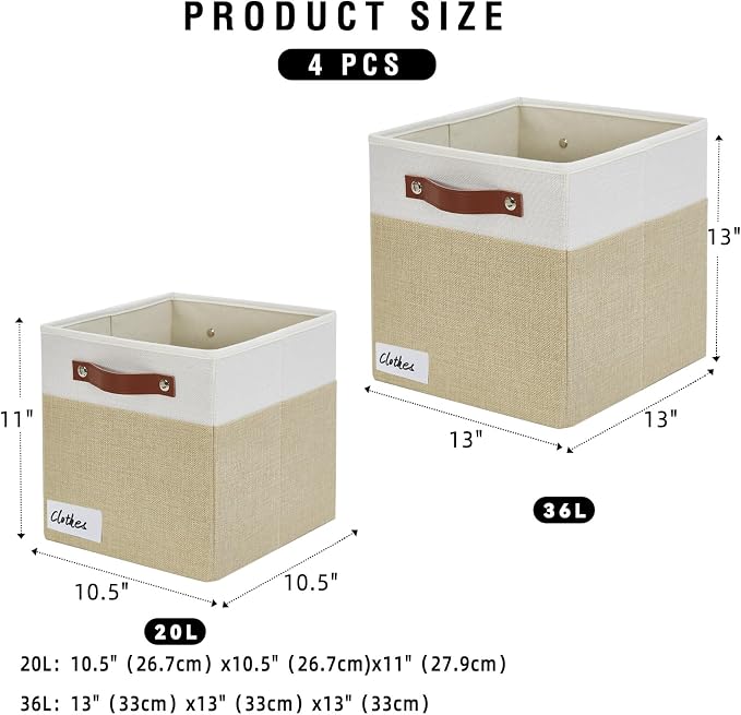 Bagnizer Collapsible Fabric Storage Cube Bins with 2 Reinforced PU Handles, Foldable Storage Organizer Baskets for Closet, Shelves, Living Room | 11"x11"x11", 4 Pack, Beige & White