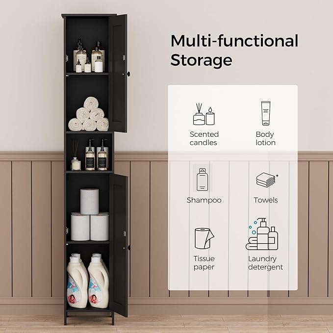 Homleke Tall Bathroom Storage Cabinet with 2 Doors, Slim Bathroom Cabinet | Narrow Storage Cabinet with Adjustable Shelves, Anti-Tip Design, Reversible Door, Easy Assembly, Black, 11.8''W