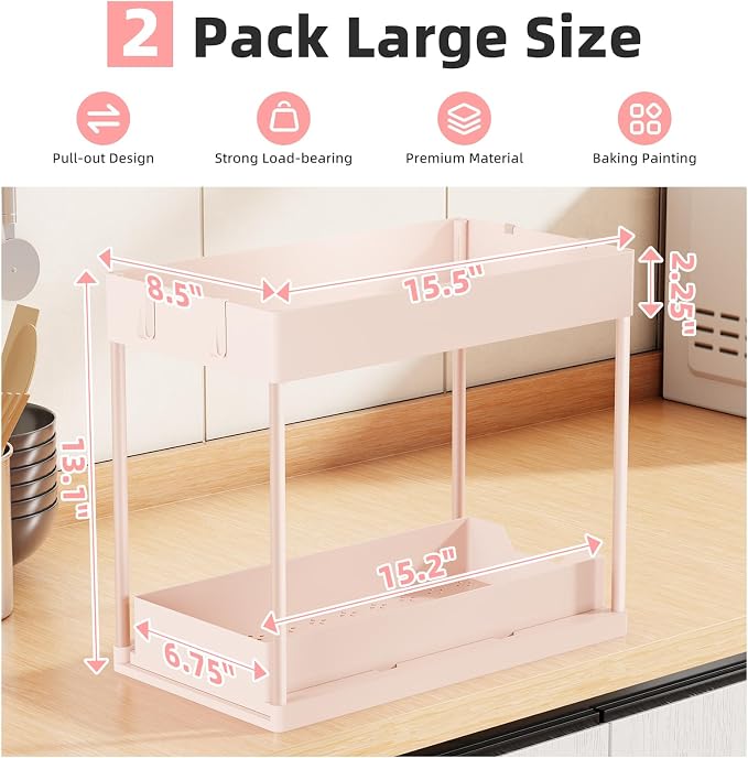 Simple Trending Under Sink Organizer 2 Pack, Sink Pull-Out Sliding Storage Cabinet, 2-Tier Under Shelf Organizer for Kitchen Bathroom, Pink