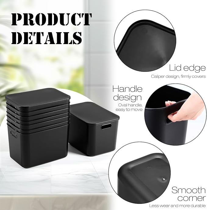 8 Pieces Colorful Storage Bins with Lid, Plastic Storage Basket Organizing Container Stackable Box with Handle for Shelves Desktop Playroom Office(14.2 x 10.2 x 9.5 Inch,Black)