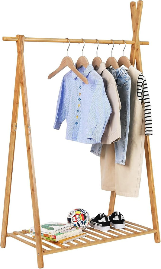 Jotsport Bamboo Kids Clothing Rack with Storage Shelf for Hanging Clothes | Small Child Garment Rack Toddler Wardrobe Closet for Play Room, Nursery, Baby Shower