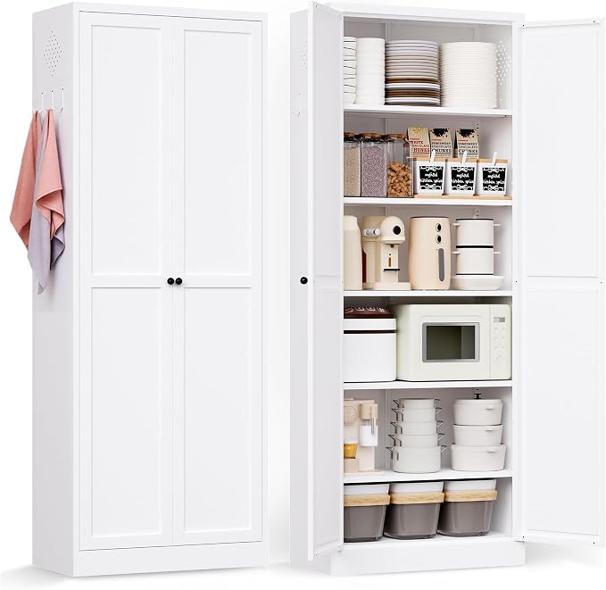 AQY Metal Pantry Cabinet, 72" White Kitchen Storage Cabinet with Doors | 5 Adjustable Shelves • Ventilated Metal Cabinet • Hanging Hooks • Freestanding Kitchen Storage