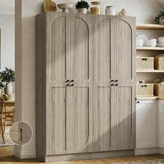 Cyclysio 80" Kitchen Pantry, Extra Tall Arch Storage Cabinet with 8 Soft Close Doors and Adjustable Shelves, Freestanding Wood Cupboard with Seamless Fit Wall for Dining Living Room Bathroom Furniture