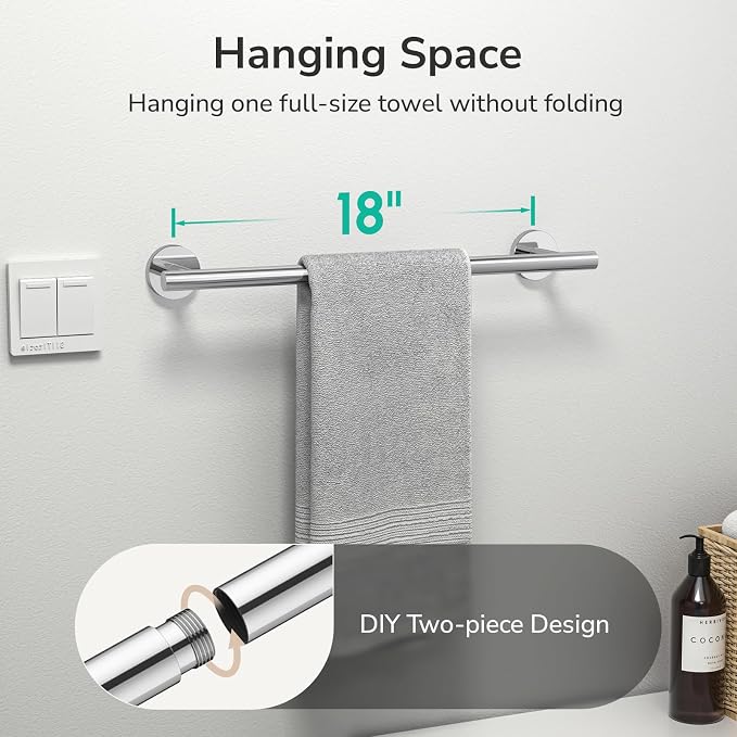 USHOWER Polished Chrome Towel Bar, 18-Inch Towel Racks for Bathroom | Thicken SUS304 Stainless Steel Towel Rod, Towel Holder Wall-Mounted, Modern Home Decor (Total Length 20-Inch)