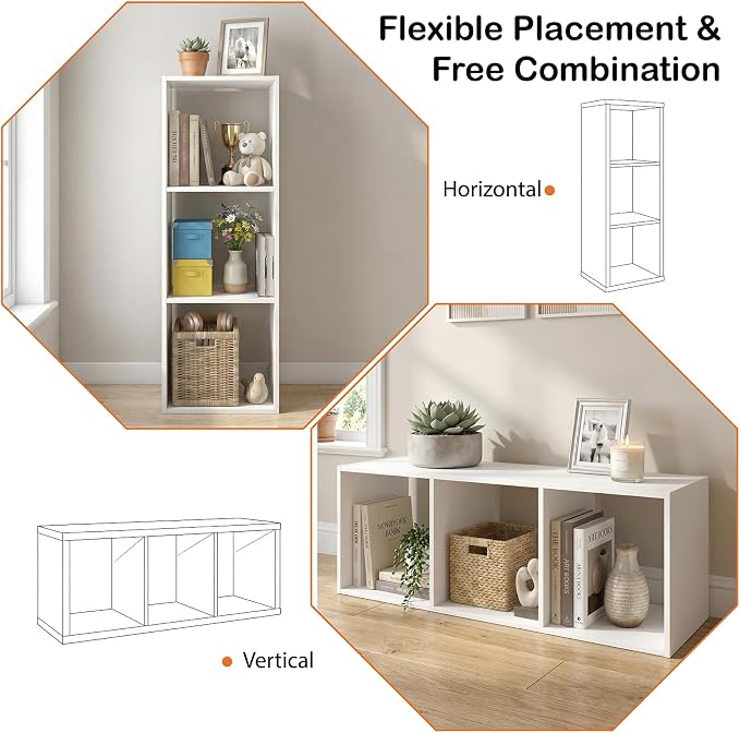 WannabeMyself【Sturdy Build&Easy Assembly】 3 Cube Storage Organizer with Anti-Tipping Kits,Reversible Open Back Book Shelf, Bookcase for Living Room,Bedroom,Entrance Hall,Office,12.2×11.4×35.9,White
