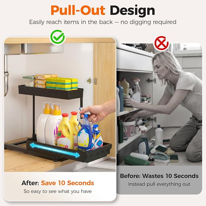 Sevenblue 3 Pack Multi-Purpose Pull-Out Storage Organizers, 2-Tier L-Shaped Under Sink/Cabinet Organizers and Storage for Bathroom & Kitchen, (Black, 12.85 Inches) | Multi-use kitchen & bathroom storage, 12.85 inch black cabinet organizer, space-saving...