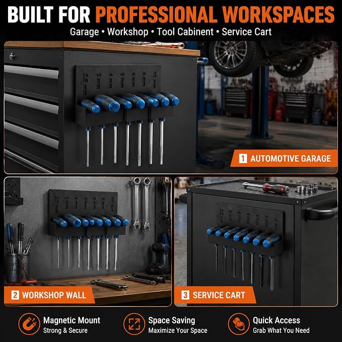 Magnetic T-Handle Hex Key Organizer Rack,Professional Workshop Wall Mount Metric Allen Wrench Holder,Tool Cabinet Storage Stand for Harbor Freight ICON (Tools Not Included)