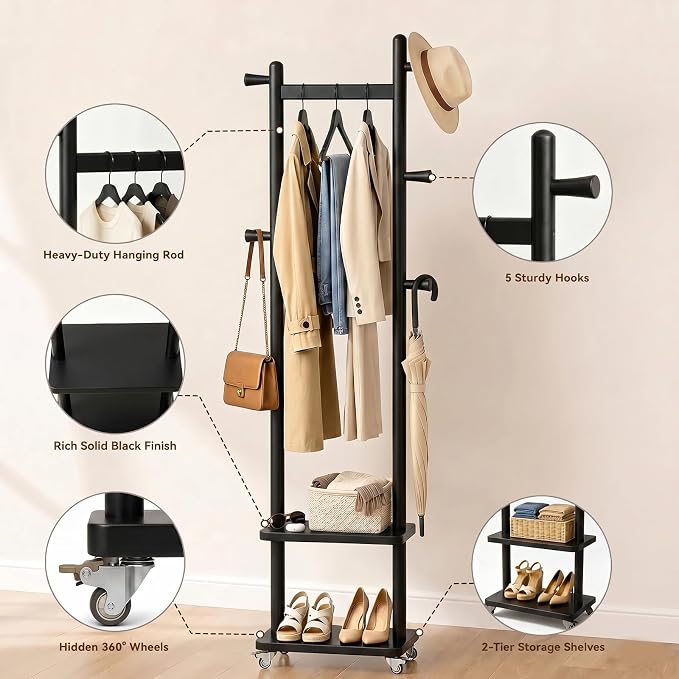 Taitiy Solid Wood Coat Rack Small Freestanding with Wheels 2 Shelves | Small spaces, solid rubberwood construction, 2 shelves and 5 hooks, ideal for bedrooms, entryways, apartments and homes