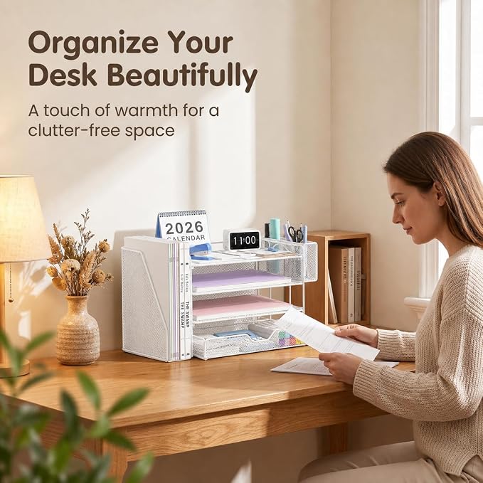 OPNICE Desk Organizer, 4-Tier Desktop File Organizer with Drawer and Pen Holders, Office Desk Accessories, File Sorters, Workspace Organizers for Office Supplies(White - Metal Pen Holder)
