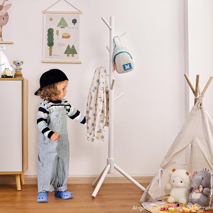 Cozivolife Kid's Coat Rack Stand: Height Adjustable with 9 Hooks (White) | Beech Wood Coats Tree for Cloth Hats and Handbags - Freestanding Child Clothes Racks for Hallway Entryway Bedroom