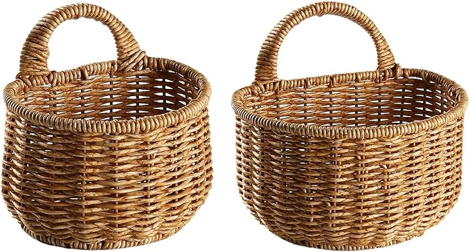Woven Hanging Wicker Basket, Handmade Rattan Hanging Wall Basket (S+L) | Decorative Basket | Small Woven Basket | Small Wicker Basket for Garden Farmhouse Home Decor