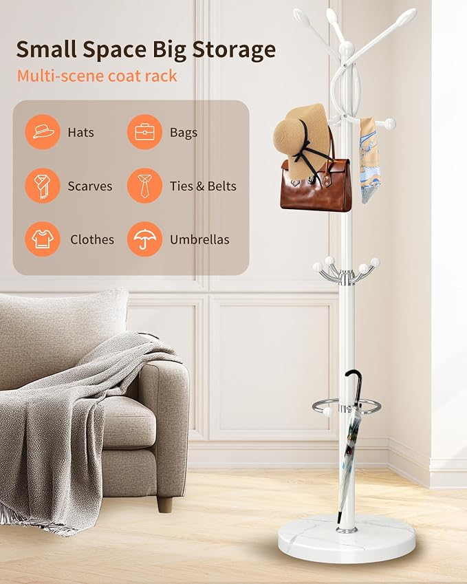 ZOZOE Metal Coat Rack Stand, Modern Coat Rack Freestanding with Natural Marble Base, Sturdy Coat Racks with 10 Hooks & Umbrella Holder,White Coat Tree Hanger Stand for Bags,Hats,Entryway,Office