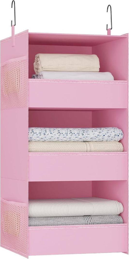 3-Shelf Hanging Closet Organizer, Washable Foldable Storage Shelves, Pink | Front lip keeps items secure; side pockets add room; Oxford fabric handles towels, shirts, baby items, dorms, RVs or travel.