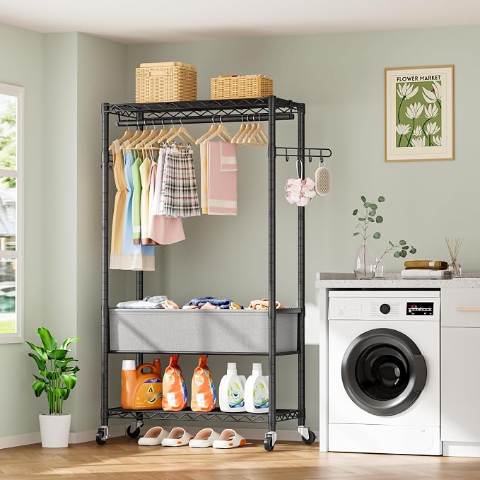 Heavy Duty Clothes Rack Rolling Garment Rack,3 Tier Adjustable Wire Shelving Clothing Racks for Hanging Clothes with Double Rods&Side Hooks,Freestanding Wardrobe Storage Rack Metal Portable Closet