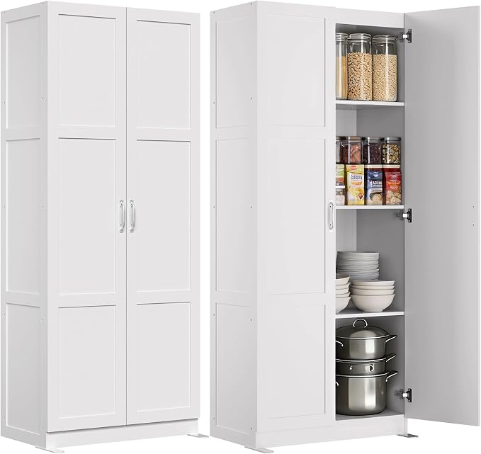 DUMOS Tall Storage Cabinet with Doors and Shelves, Kitchen Pantry Cabinet | 71'' Wood Storage Freestanding Wooden Cabinets for Bedroom, Pantry, Home Office, Dining Room & Living Room, White