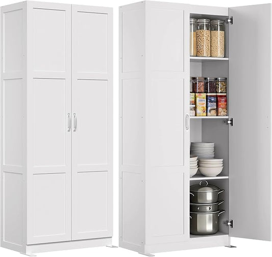 DUMOS Tall Storage Cabinet with Doors and Shelves, Kitchen Pantry Cabinet | 71'' Wood Storage Freestanding Wooden Cabinets for Bedroom, Pantry, Home Office, Dining Room & Living Room, White