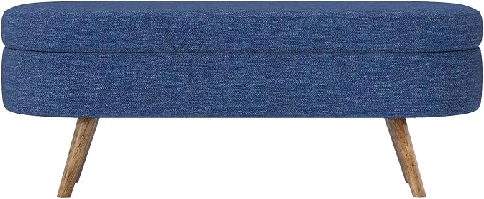 43.5” Storage Ottoman Bench，Upholstered Oval End of Bed Bench for Bedroom | Modern Linen Ottoman with Storage, Entryway Foot Rest with Wooden Legs, Lift-Top Lid with Safety Hinge, Living Room, Blue