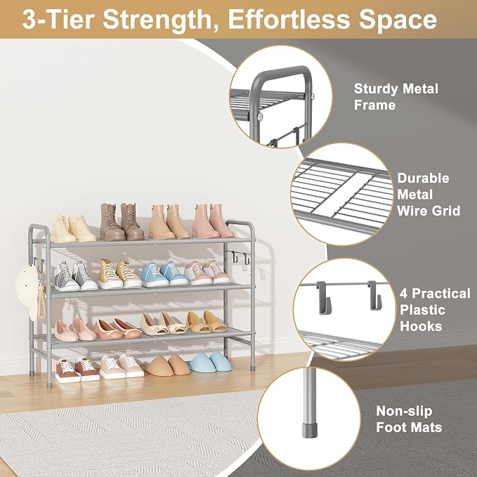 VILICK 3 Tier Shoe Rack 33" Wide Metal Shoe Organizer Long Shoe Storage with 4 Side Hooks Sturdy Shoes Shelf for Front Door Entrance, Closet, Garage, Dorm, Grey