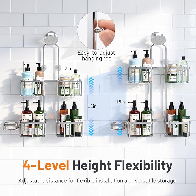 Luxspire Shower Hanging Caddy Overhead, Hanging Shower Organizer, Silver | No Drilling Required, Height-Adjustable, Thickened Rustproof Stainless Steel, Heavy-Duty, Include 8 Hooks And Soap Holder