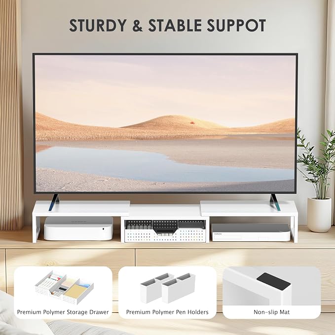OPNICE Desk Organizers and Accessories, Dual Monitor Stand Riser with Drawer and 2 Pen Holders, Desk Shelf Computer Racks for Office Workspace Organizers, Desktop Organization (White)