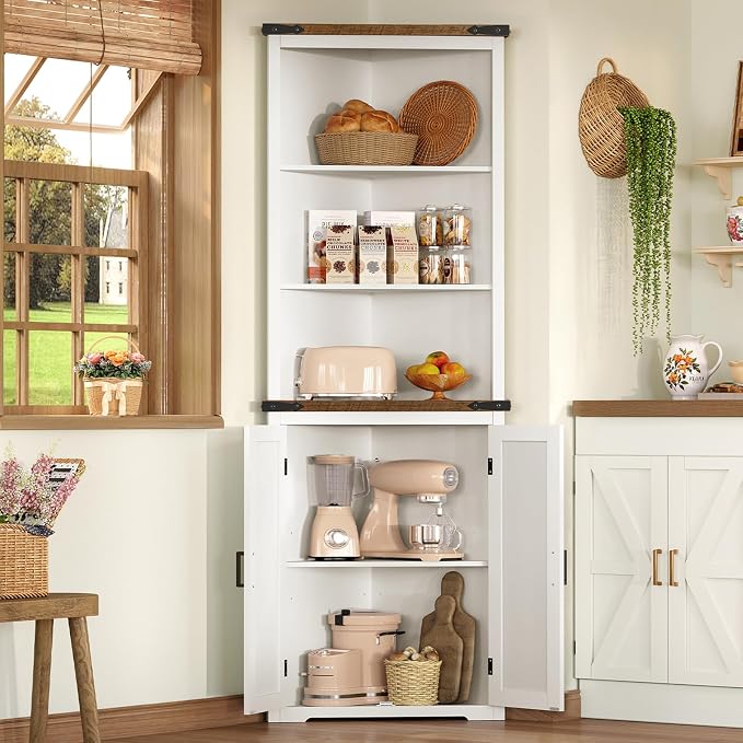 Farmhouse Corner Cabinet, 70" H Tall Corner Hutch with 5 Shelves & 2 Barn Doors, Bathroom Cabinet with Adjustable Shelf, for Living Room, Kitchen, Bathroom, White