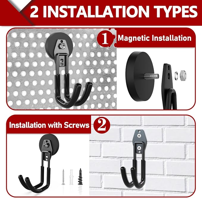 3-H Heavy Duty Magnetic Hooks, Large Magnet Hooks,4 Pack Black | No-Drill Tool Holder for Garage,Power Drill,Garden Tools,Hose Storage