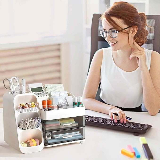 HBlife Desk Organizer with Pen Pencil Holder for Desk, Pen Organizer with 2 Drawers, Desk Organizers and Accessories with 4 Compartments, Desktop Storage for Office Home School Art Supplies, White