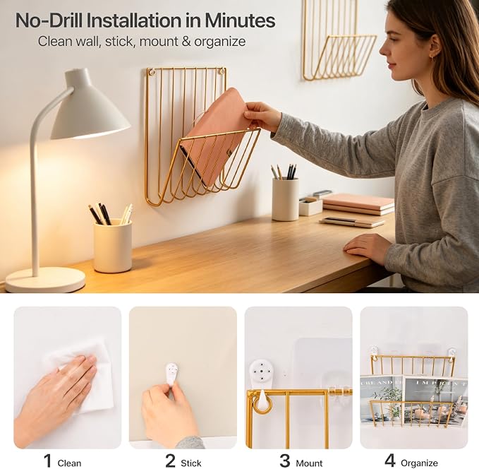 2 Pack Minimalist U-Shaped Wall Magazine Holder, Metal Wall Mounted File Organizer, No Drill Hanging Paper Mail Folder Rack for Home Office Document Magazine Storage