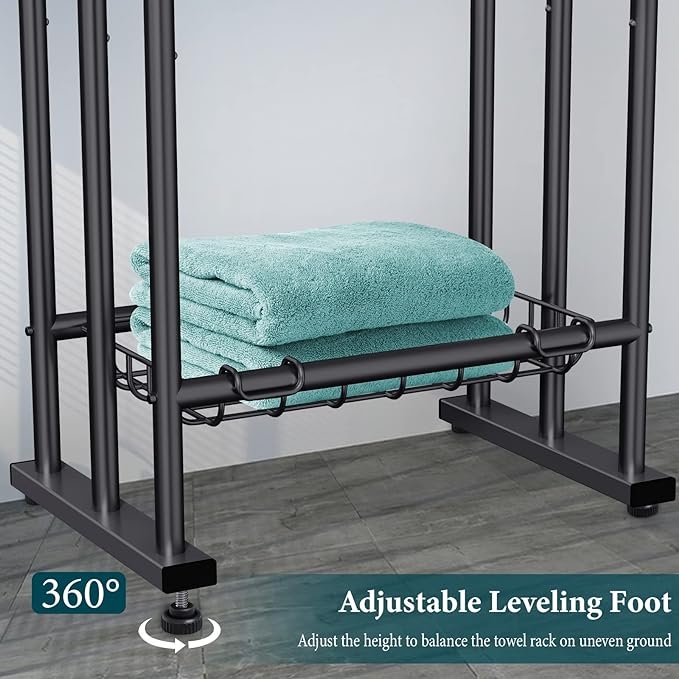 Kayfia 40'' Freestanding 3 Tier Alloy Steel Towel Rack with Storage Basket | Dual-Use Drying & Display Rack, Holds Oversized Bath Towels & Blankets, Fits Bathroom, Tub, Shower, Poolside, Black