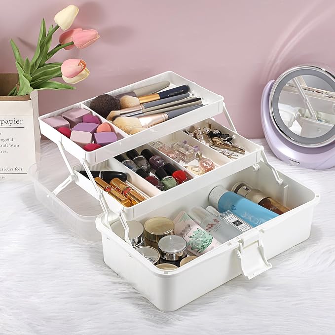 BTSKY 3-Layer Plastic Dividing Storage Box Craft Organizer and Storage | Portable Handled Art Supply Organizer with Adjustable Spacers Multipurpose Home Utility Box for Medicine Sewing(Beige White)