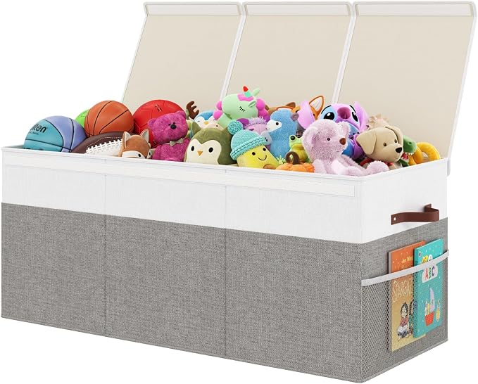 150L Extra Large Toy Storage Box with Lid for Boys Girls Nursery Playroom | Collapsible with Lid, Removable Divider, 40"x14"x16", Side Pockets, For Nursery, Living Room, Playroom