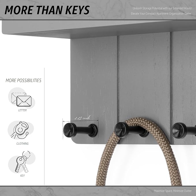 Rebee Vision Key Holder Wall Mount with Shelf for Home Decor, Light Gray | Key and Mail Holder for Wall, Floating Shelf, 4 Hooks, Aesthetic Room Decor, Apartment Essentials, Compact Home Storage