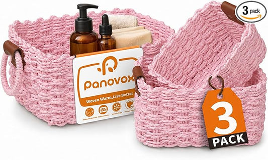 Small Wicker Baskets, 3 PCS Paper Rope Baskets for Shelves, Pink | Recycled Small Baskets, 3 Sizes Woven Baskets for Organizing, Decorative Storage Baskets for Bedroom and Bathroom