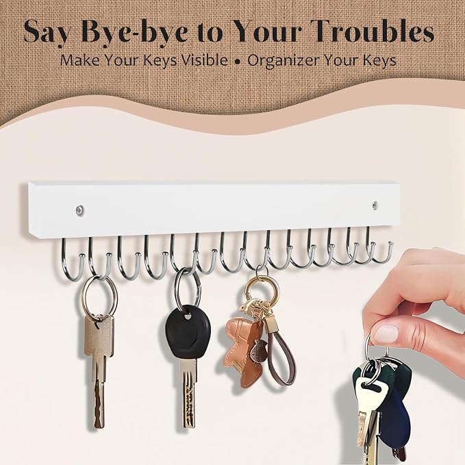 2-Pack Key Holder Wall Mount, 14.6"Key Rack with 28 Rotating Metal Hooks | Natural wood wall key hanger, 28 rotating metal hooks, for entryway, hallway, apartment decor, space-saving, white