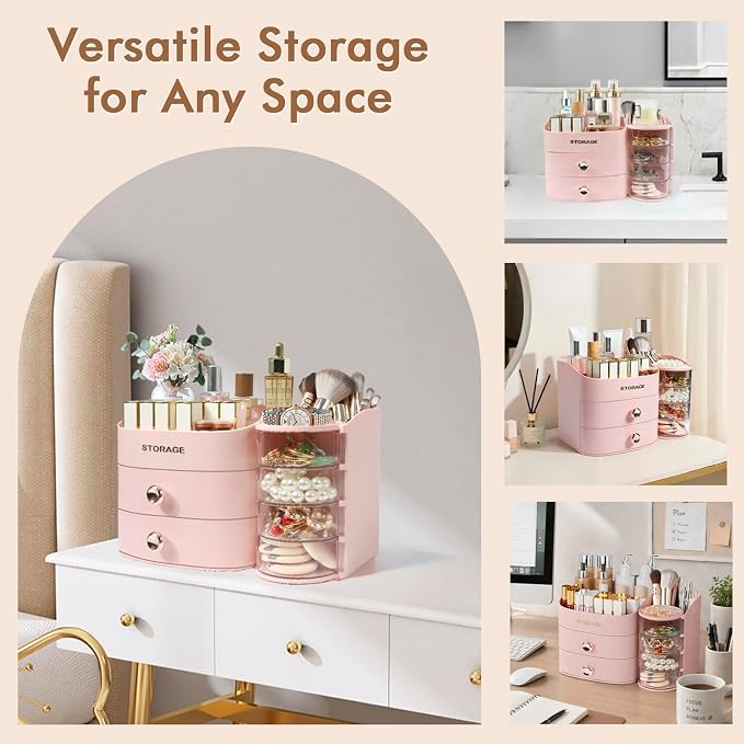 Makeup Organizer Countertop, Make Up Organizer for Vanity | Skincare & Cosmetic Organizers with Drawers, Bathroom Storage for Brush Holder|Lipstick|Jewelry, Ideal Gift for Women, Pink