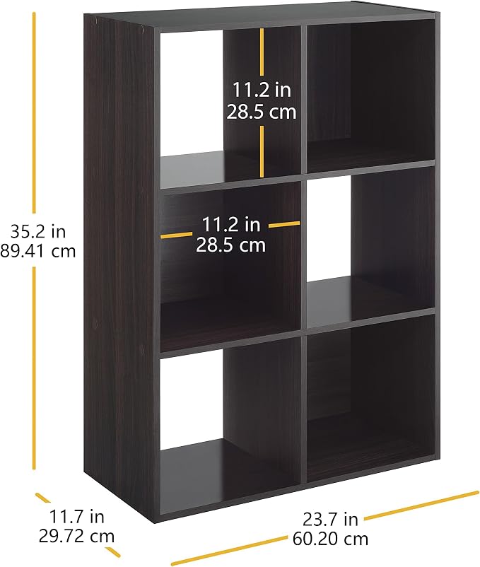 Whitmor 6 Cube Bookcase, 3 Tier Stackable MDF Bookself, Open Storage Display Organizer, Storage Cabinet for Living Room, Bedroom, Home, Office, 23.7" L x 11.7" W x 35.2" H, Espresso